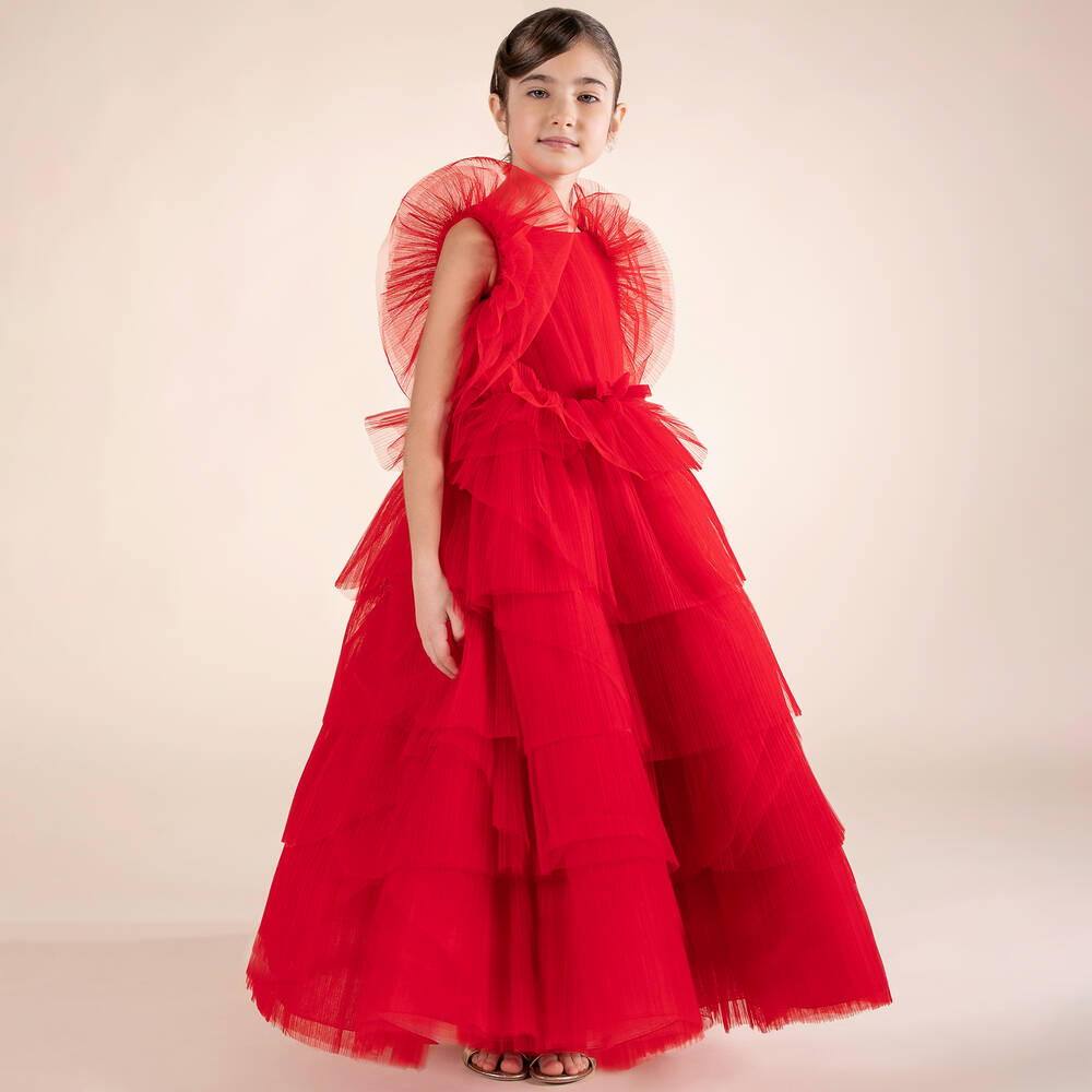 مارشيزا كيدز كوتور-فستان تول بطبقات وكسرات لون أحمر | Childrensalon Outlet