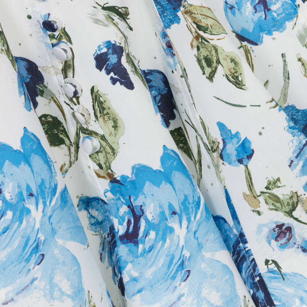 مارشيزا كيدز كوتور-فستان قطن لون أبيض وأزرق بطبعة ورود | Childrensalon Outlet