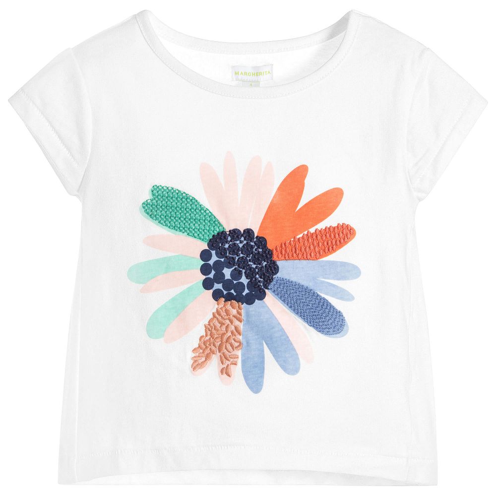 Margherita Kids - Girls White Daisy T-Shirt | Childrensalon