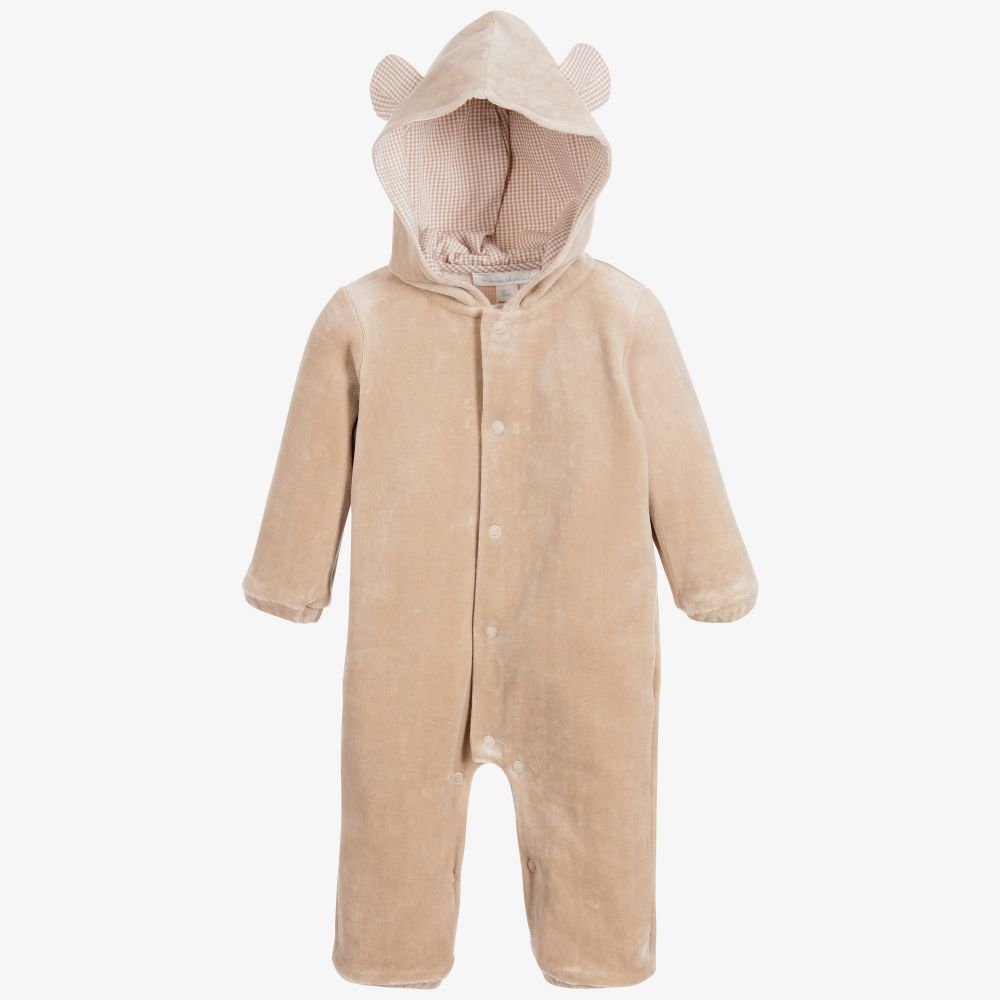 Marie-Chantal - Beige Velour Hooded Babygrow | Childrensalon