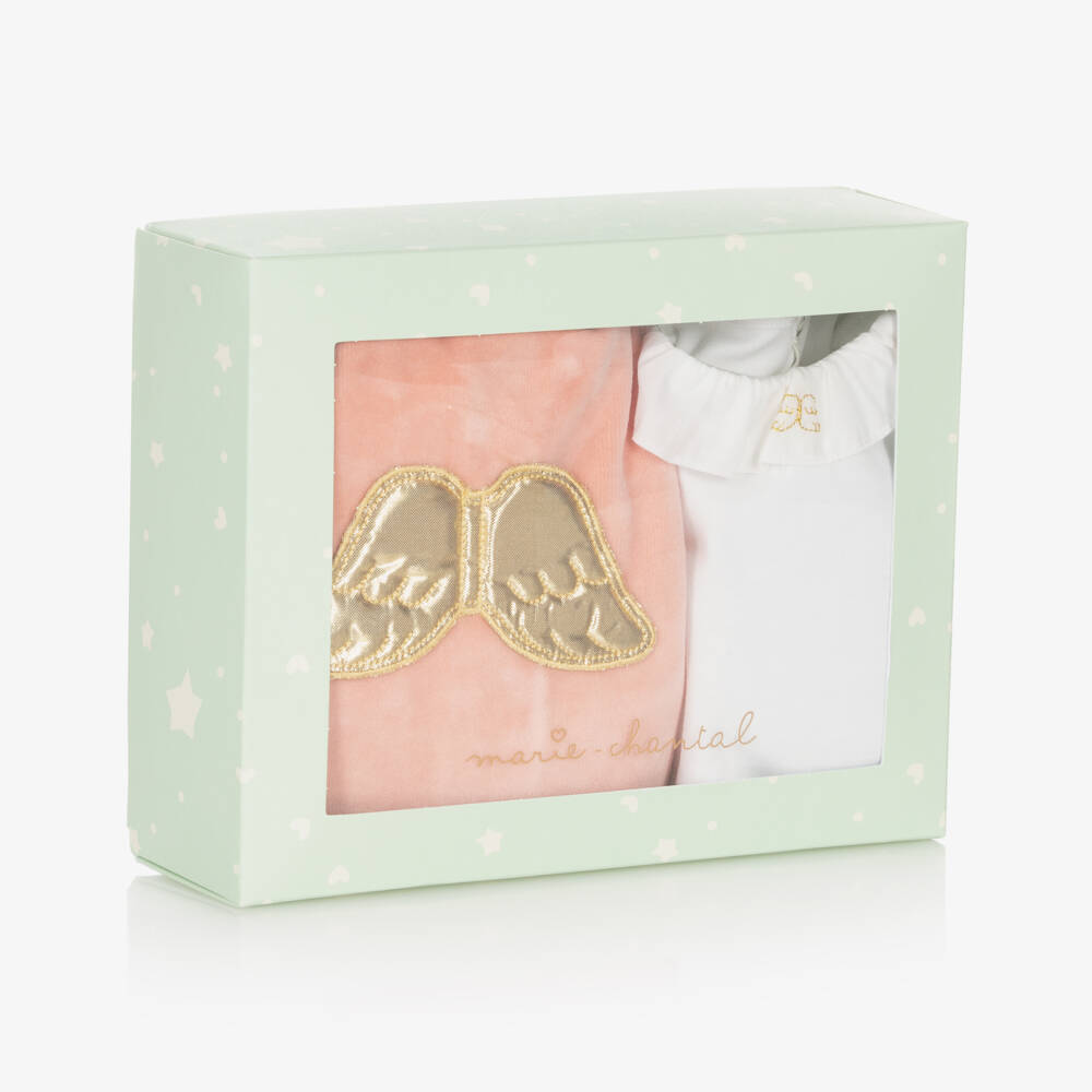 Marie-Chantal-Girls Pink Velour Angel Babygrow Set | Childrensalon Outlet