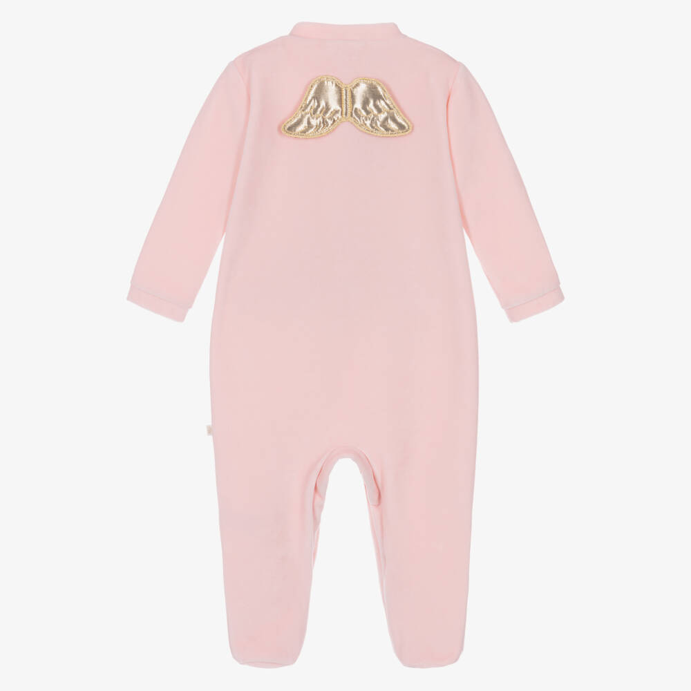 Marie-Chantal-Pink Velour Babygrow with Gold Angel Wings | Childrensalon Outlet