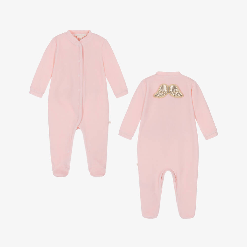 Marie-Chantal-Pink Velour Babygrow with Gold Angel Wings | Childrensalon Outlet