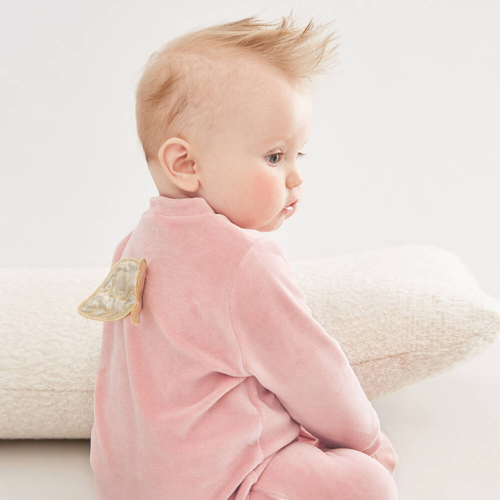Marie-Chantal-Pink Velour Babygrow with Gold Angel Wings | Childrensalon Outlet