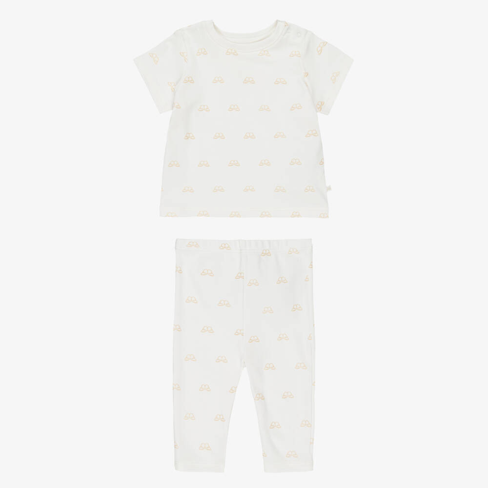 Marie-Chantal-White & Metalic Gold Angel Wing™ Aop Prima Cotton 2 Piece Babygrow | Childrensalon Outlet