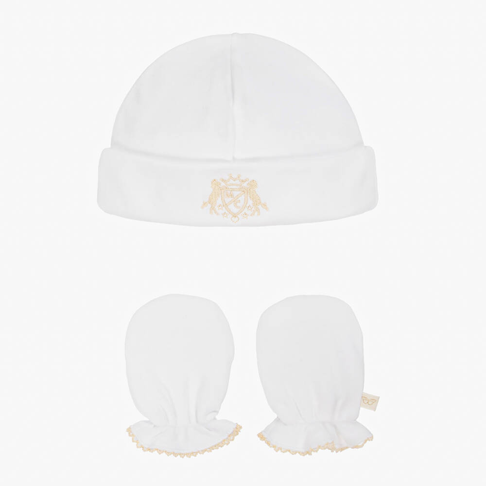 Marie-Chantal-White Pima Cotton Baby Hat & Mittens Set | Childrensalon Outlet