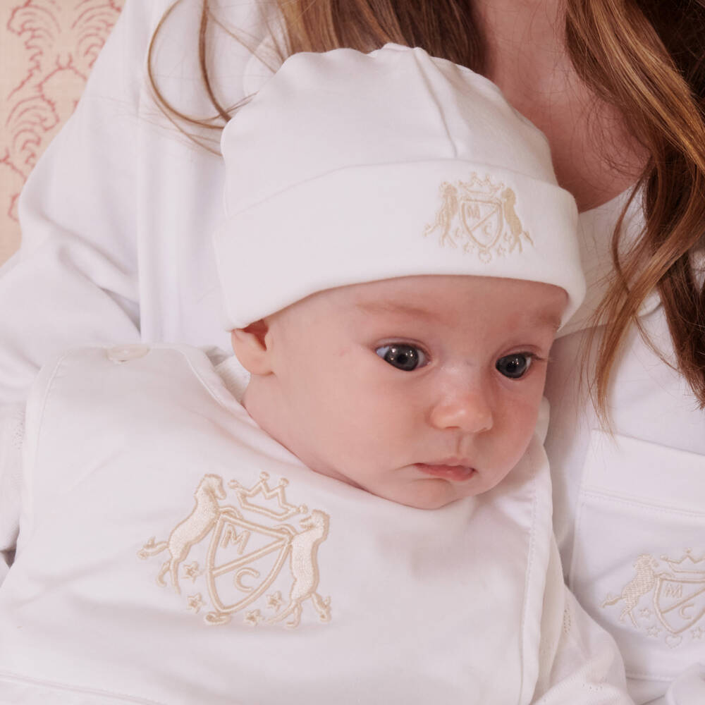 Marie-Chantal-White Pima Cotton Baby Hat & Mittens Set | Childrensalon Outlet