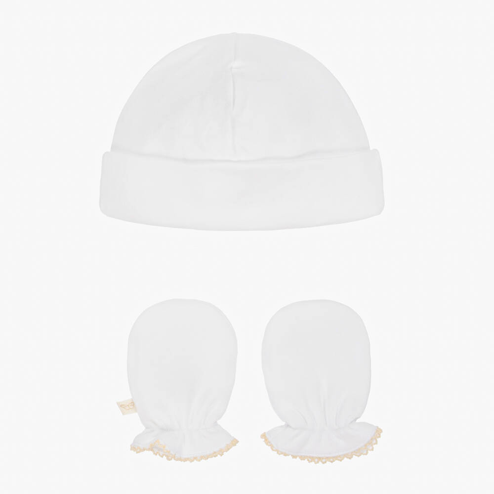 Marie-Chantal-White Pima Cotton Baby Hat & Mittens Set | Childrensalon Outlet