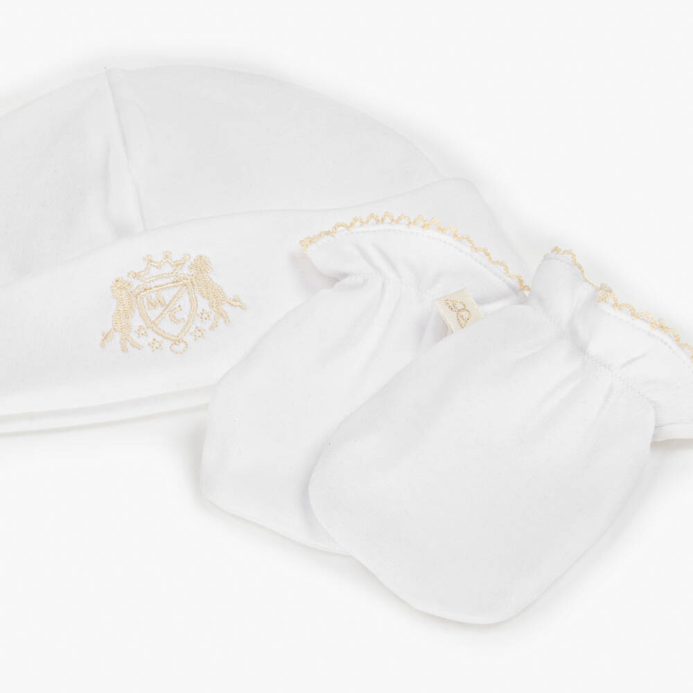 Marie-Chantal-White Pima Cotton Baby Hat & Mittens Set | Childrensalon Outlet
