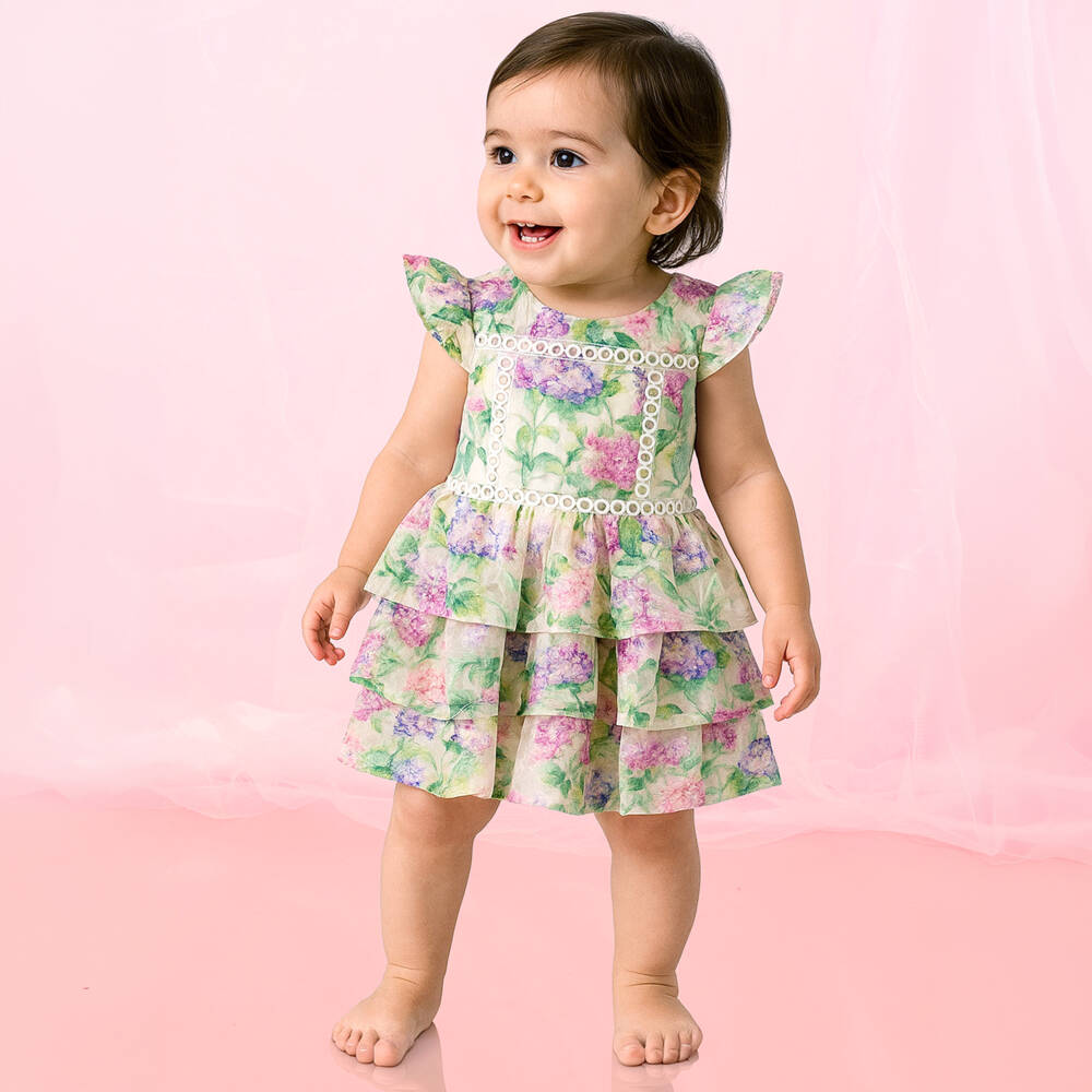 Marlo Kids-Baby Girls Green & Pink Floral Tulle Dress | Childrensalon Outlet