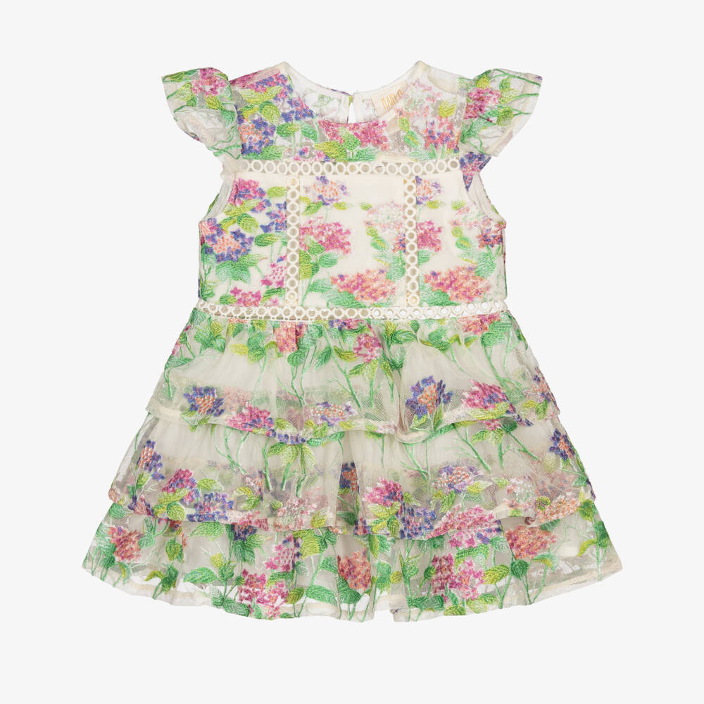 Marlo Kids-Baby Girls Green & Pink Floral Tulle Dress | Childrensalon Outlet