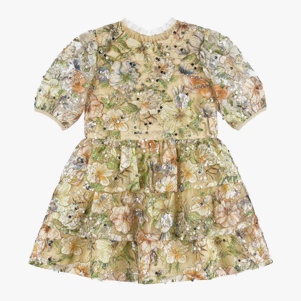 Marlo Kids-Girls Beige Sequinned Floral Tulle Dress | Childrensalon Outlet