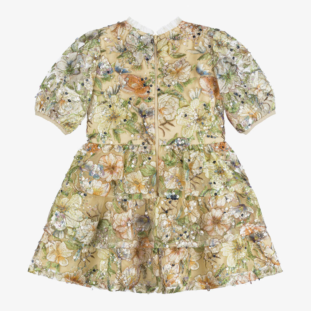 Marlo Kids-Girls Beige Sequinned Floral Tulle Dress | Childrensalon Outlet