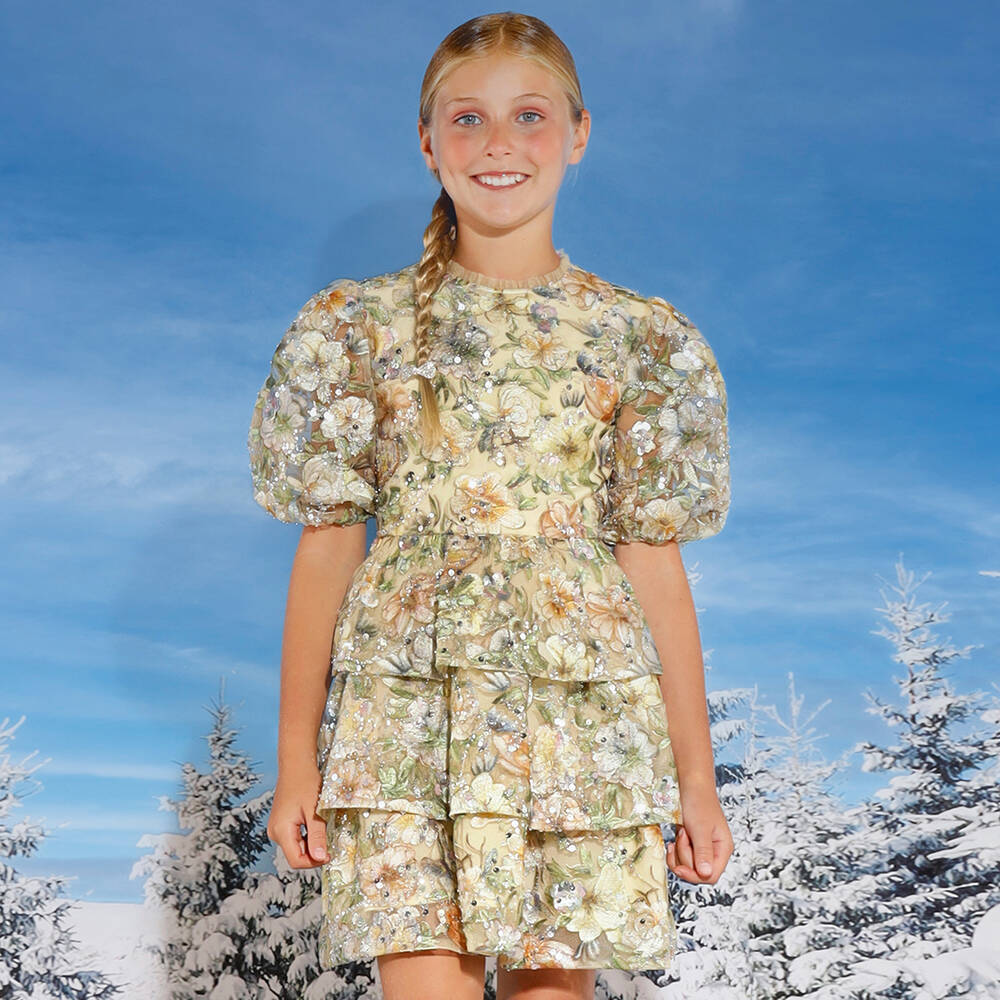 Marlo Kids-Girls Beige Sequinned Floral Tulle Dress | Childrensalon Outlet