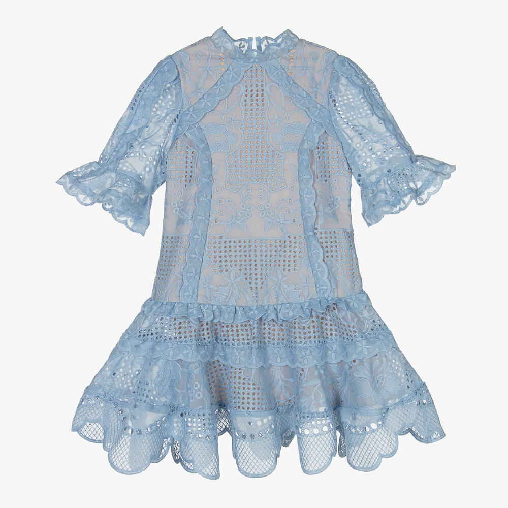 Marlo Kids-Girls Blue Embroidered Cutwork Dress | Childrensalon Outlet