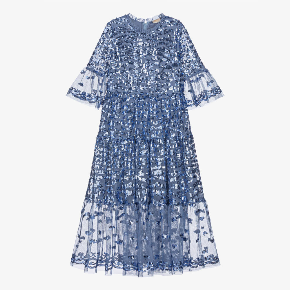Marlo Kids-Girls Blue Sequinned Tulle Maxi Dress | Childrensalon Outlet