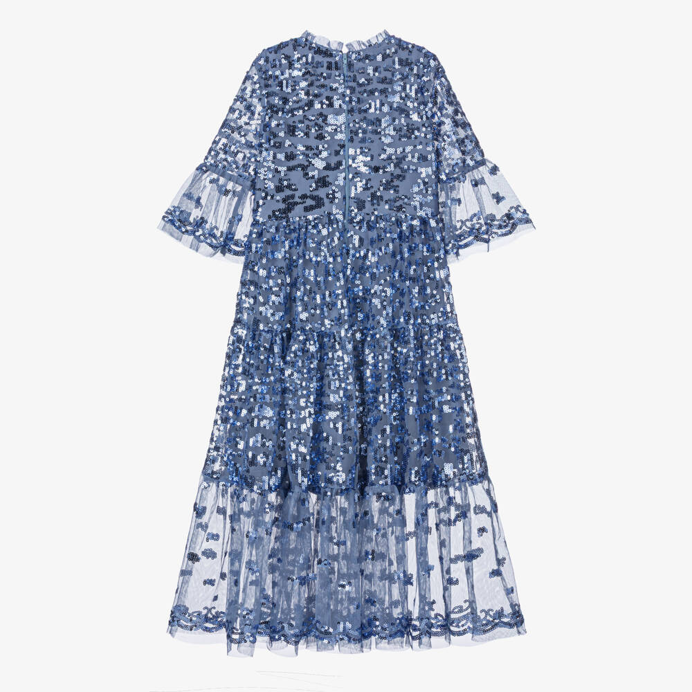 Marlo Kids-Girls Blue Sequinned Tulle Maxi Dress | Childrensalon Outlet
