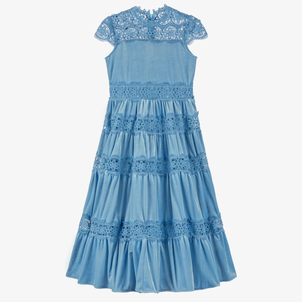 Marlo Kids-Girls Blue Velour & Lace Dress | Childrensalon Outlet