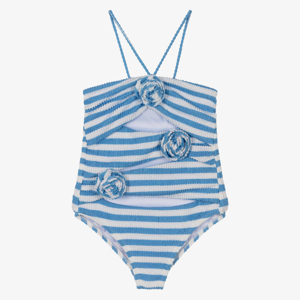 Marlo Kids-Girls Blue & White Striped Crinkle Swimsuit | Childrensalon Outlet