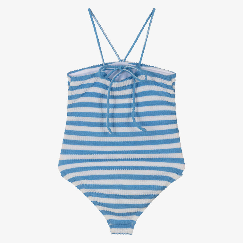 Marlo Kids-Girls Blue & White Striped Crinkle Swimsuit | Childrensalon Outlet
