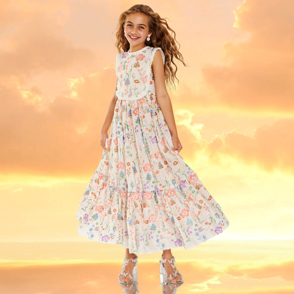 Marlo Kids-Girls Elegant Floral Cotton Gown | Childrensalon Outlet