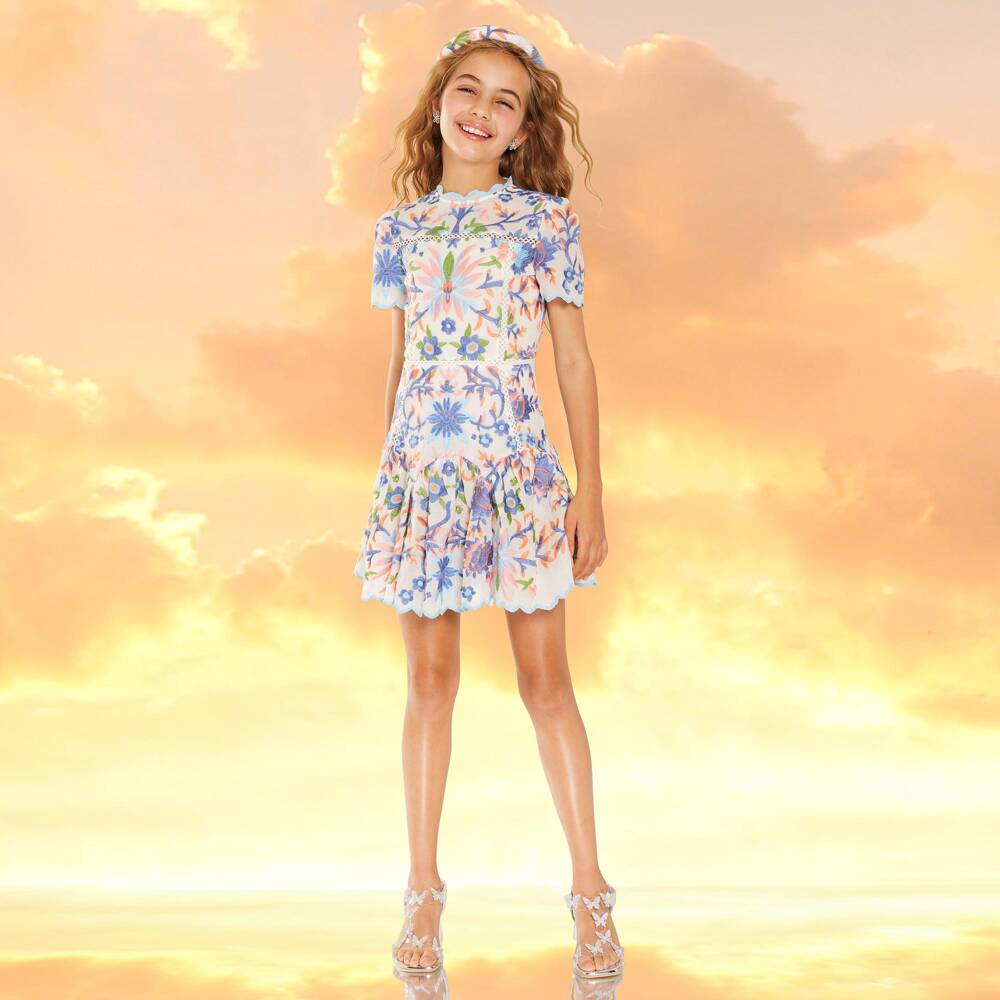 Marlo Kids-Girls Floral Blue Cotton Frock | Childrensalon Outlet