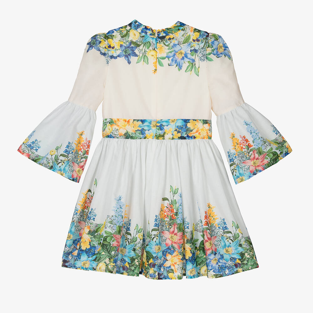 Marlo Kids-فستان قطن لون أبيض وعاجي بطبعة ورود | Childrensalon Outlet