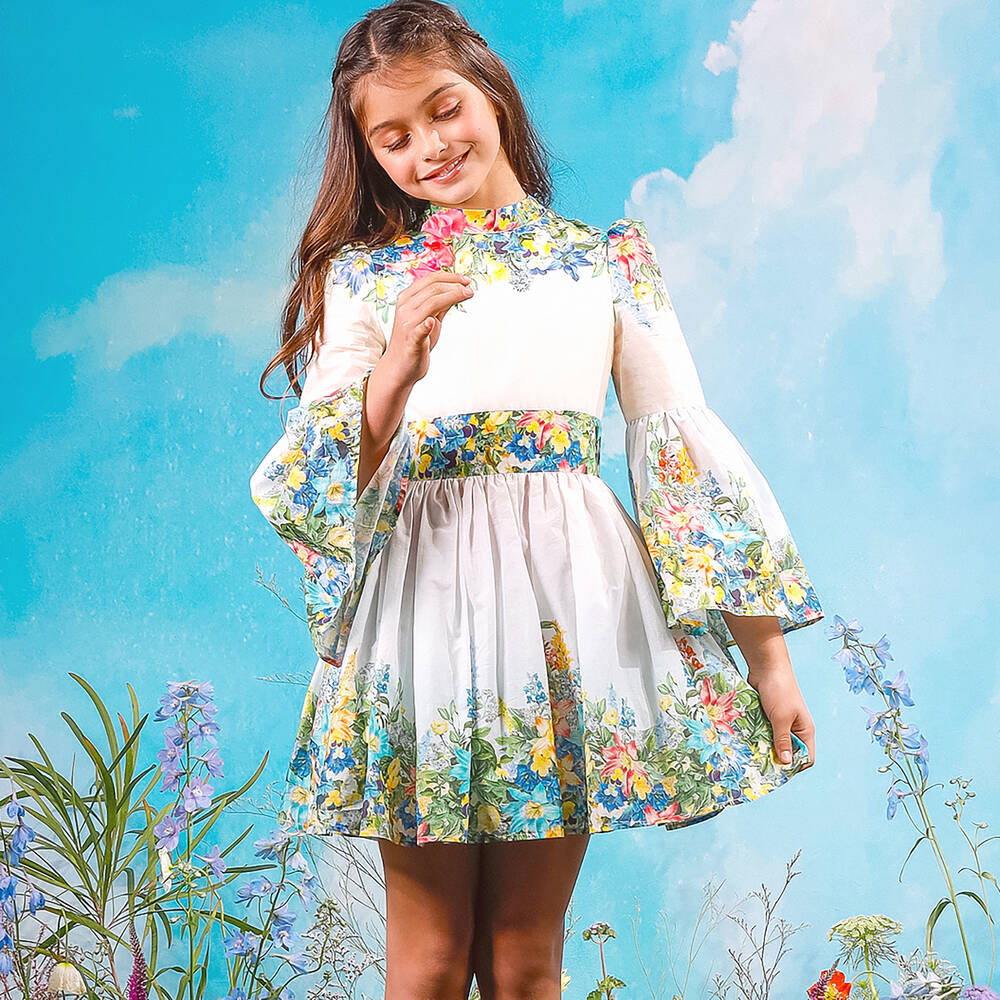 Marlo Kids-فستان قطن لون أبيض وعاجي بطبعة ورود | Childrensalon Outlet
