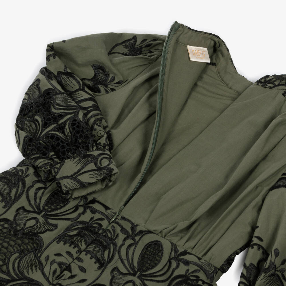 Marlo Kids-Girls Green Cotton Dress with Black Floral Embroidery | Childrensalon Outlet