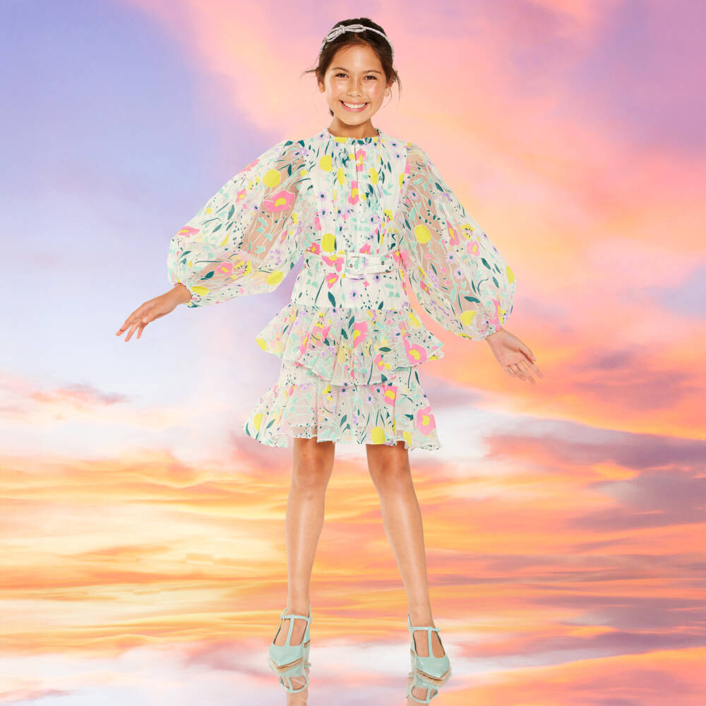 Marlo Kids-Girls Green & White Organza Floral Frock | Childrensalon Outlet