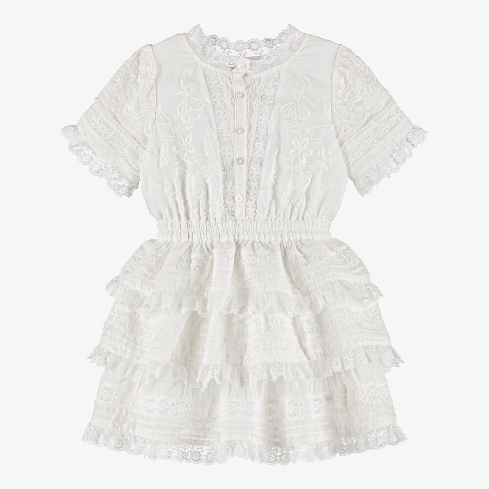 Marlo Kids-Girls Ivory Silk & Cotton Tiered Dress with Floral Embroidery | Childrensalon Outlet
