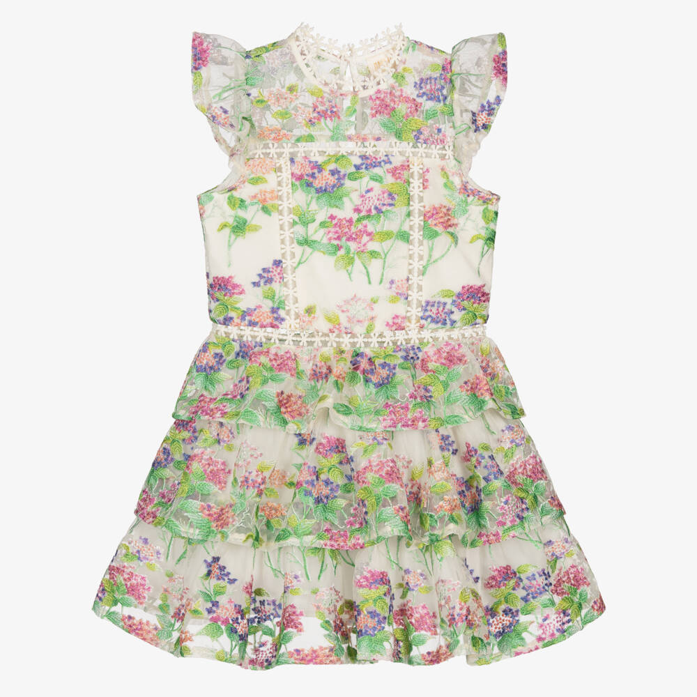 Marlo Kids-Girls Ivory Tulle Floral Embroidered Dress | Childrensalon Outlet