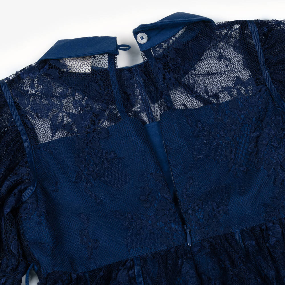 Marlo Kids-Girls Navy Blue Guipure Lace Belted Dress | Childrensalon Outlet