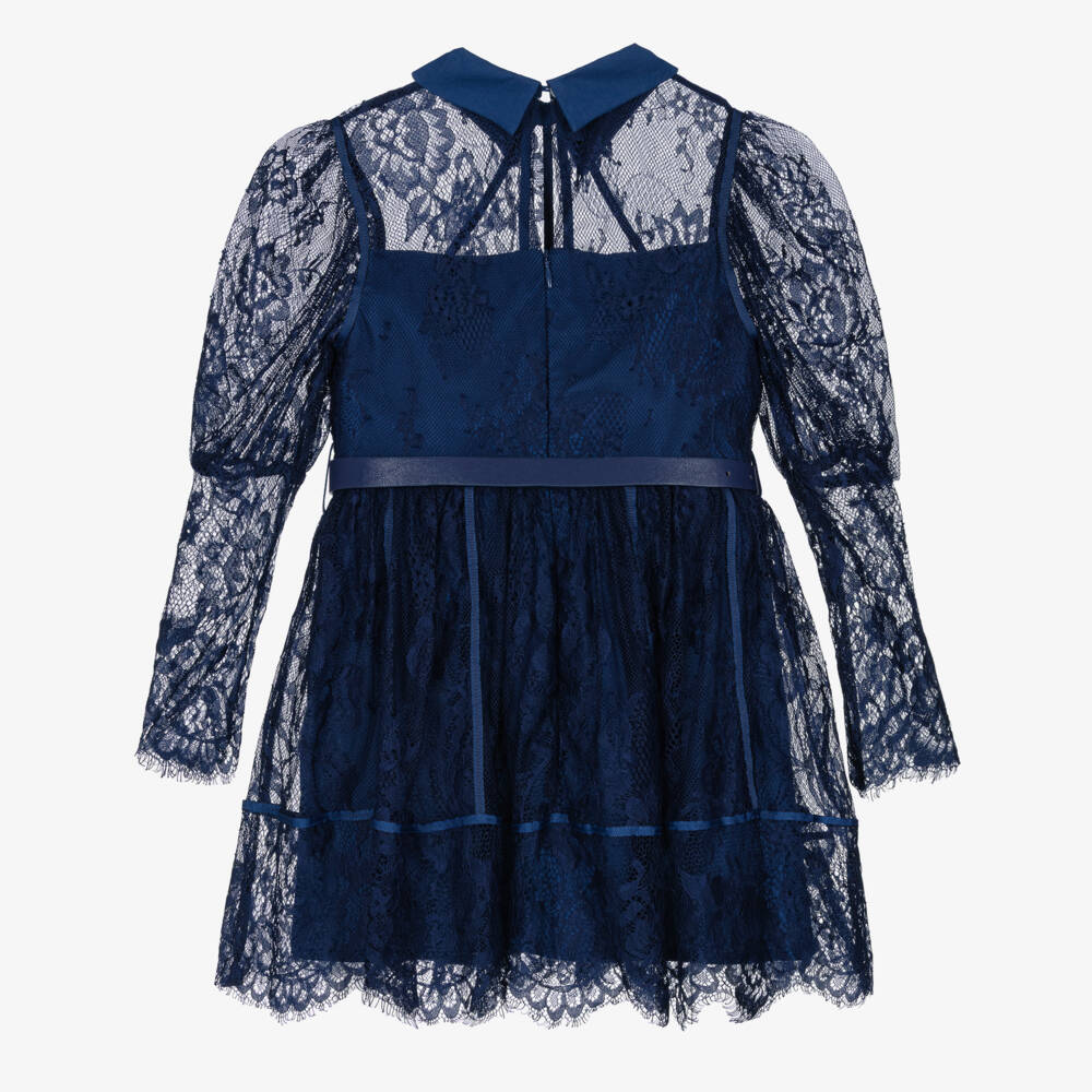 Marlo Kids-Girls Navy Blue Guipure Lace Belted Dress | Childrensalon Outlet