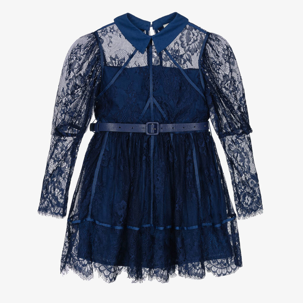 Marlo Kids-Girls Navy Blue Guipure Lace Belted Dress | Childrensalon Outlet