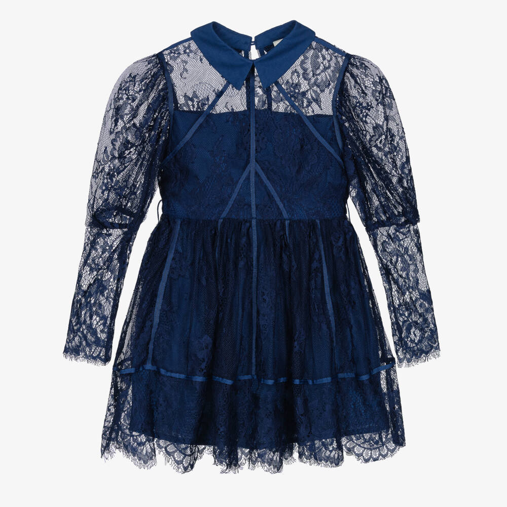 Marlo Kids-Girls Navy Blue Guipure Lace Belted Dress | Childrensalon Outlet