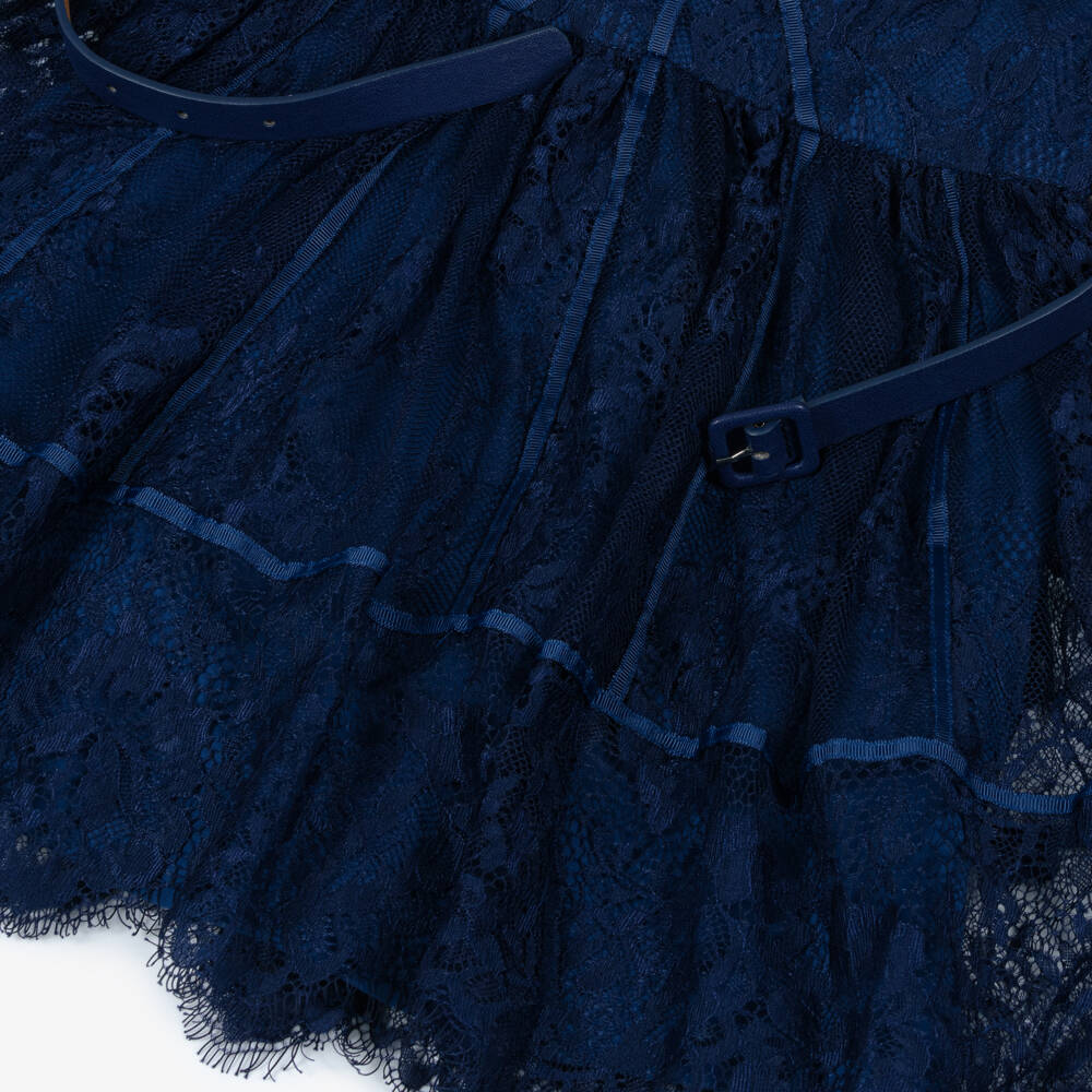 Marlo Kids-Girls Navy Blue Guipure Lace Belted Dress | Childrensalon Outlet