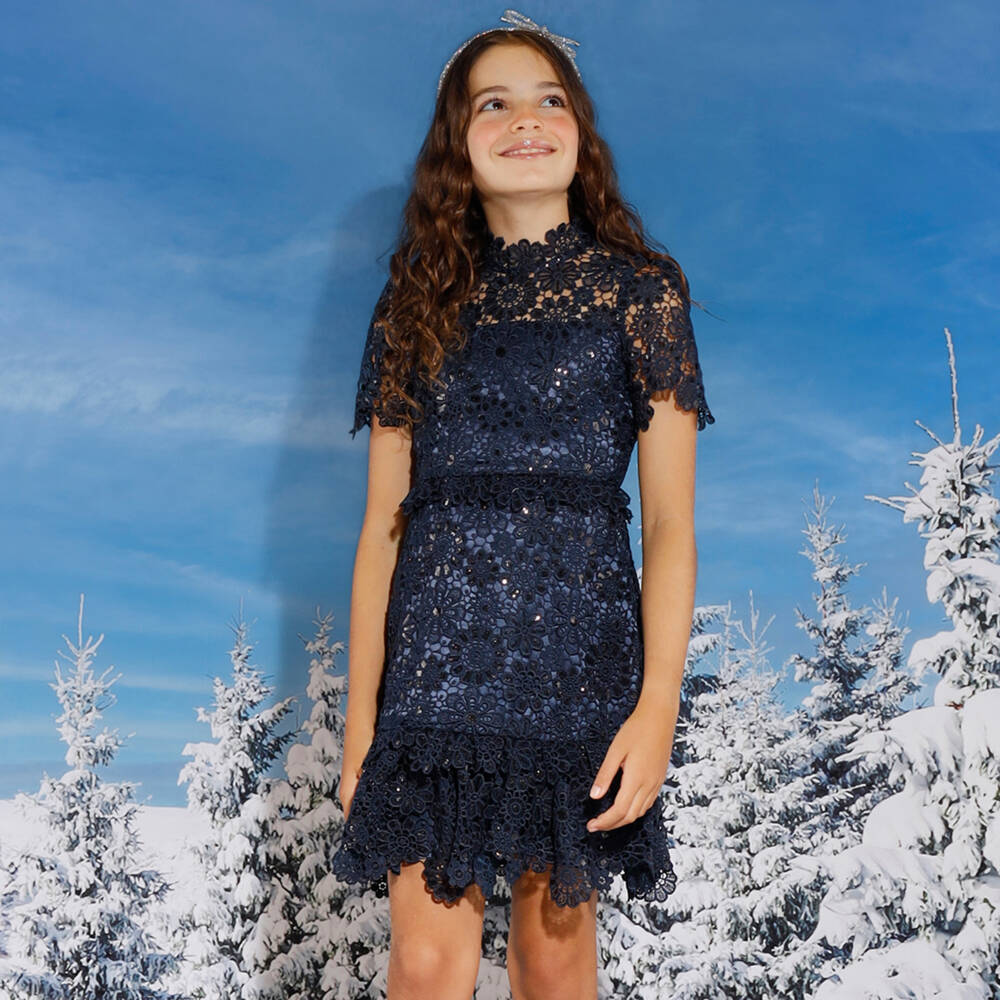 مارلو كيدز-فستان دانتيل مزين بترتر لون كحلي | Childrensalon Outlet