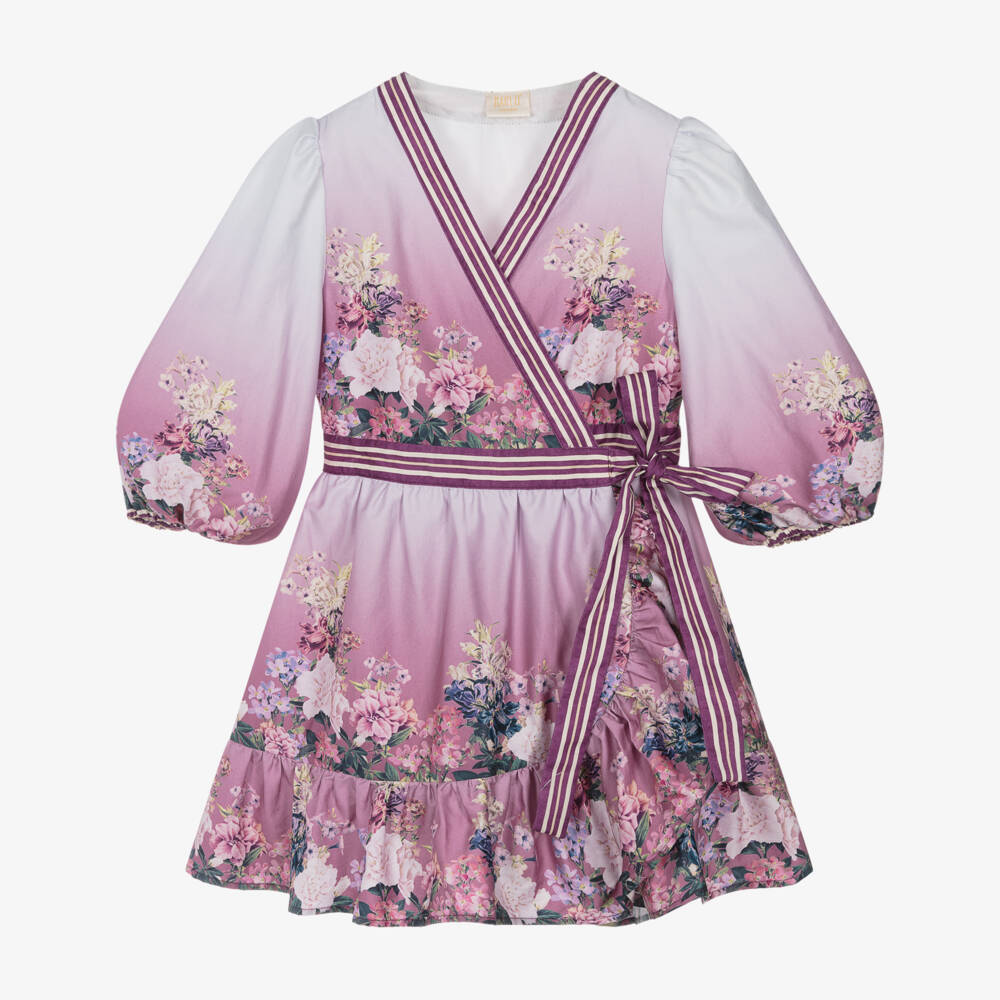 Marlo Kids-Girls Ombré Purple Cotton Sateen Floral Wrap Dress | Childrensalon Outlet