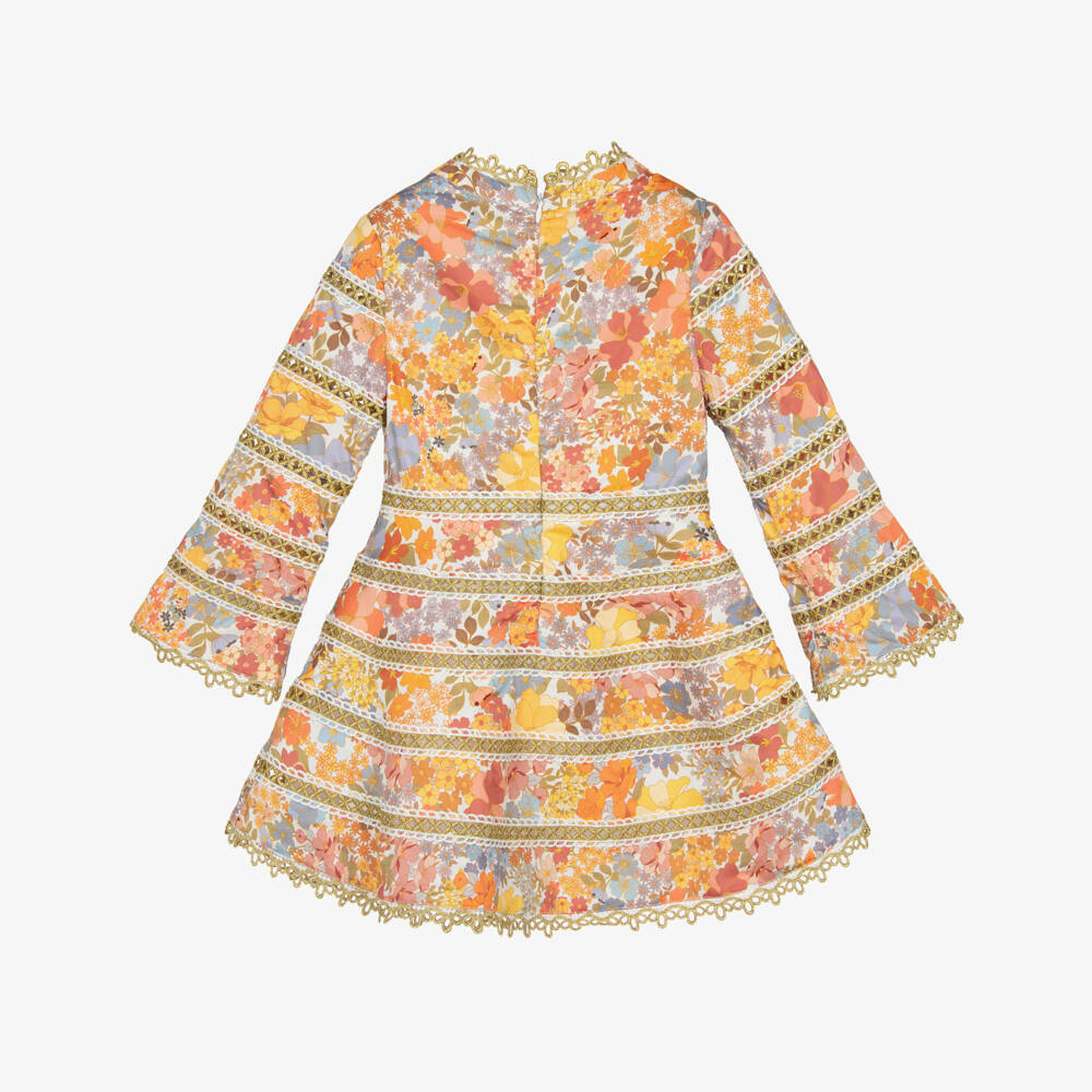 Marlo Kids-Girls Orange Floral Cotton Sateen Dress with Gold Embroidery | Childrensalon Outlet