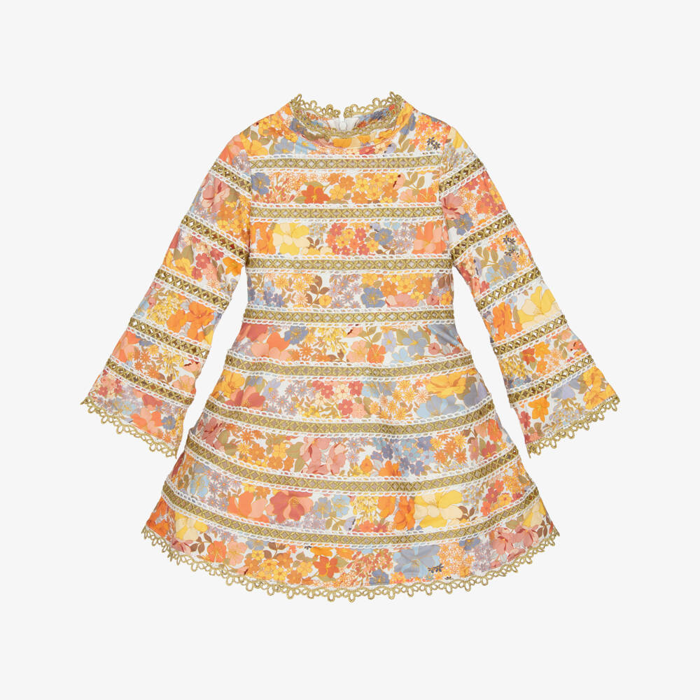 Marlo Kids-Girls Orange Floral Cotton Sateen Dress with Gold Embroidery | Childrensalon Outlet