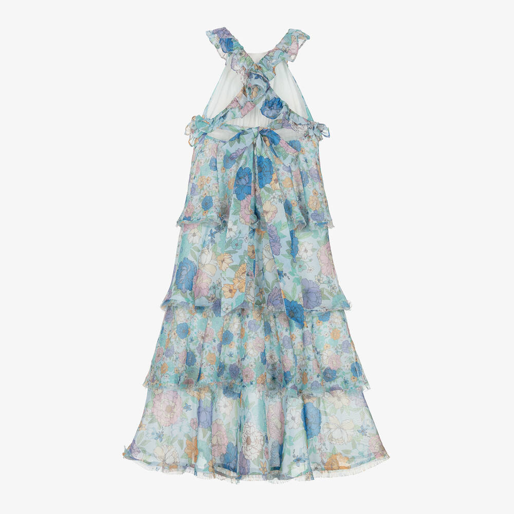 Marlo Kids-فستان ماكسي شيفون لون أزرق فاتح بطبعة ورود | Childrensalon Outlet