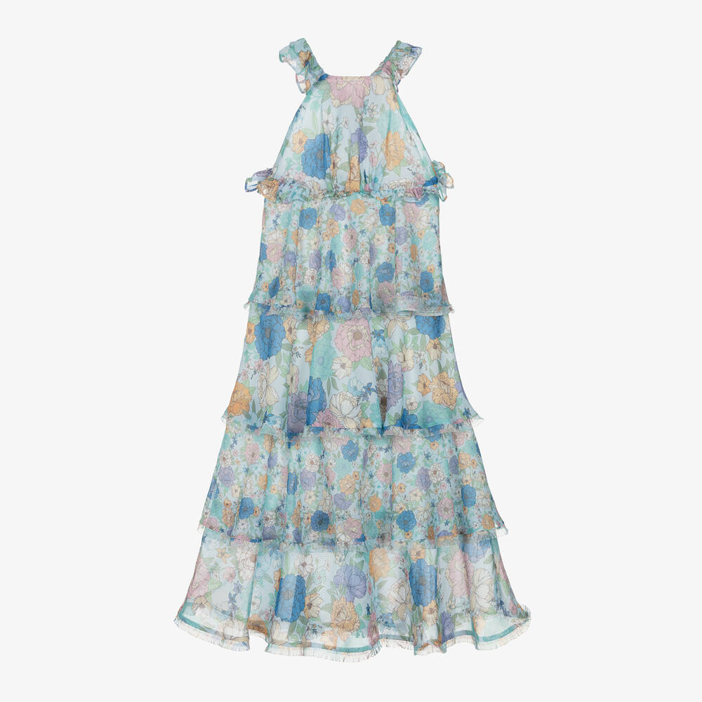 Marlo Kids-Girls Pale Blue Floral Chiffon Maxi Dress  | Childrensalon Outlet