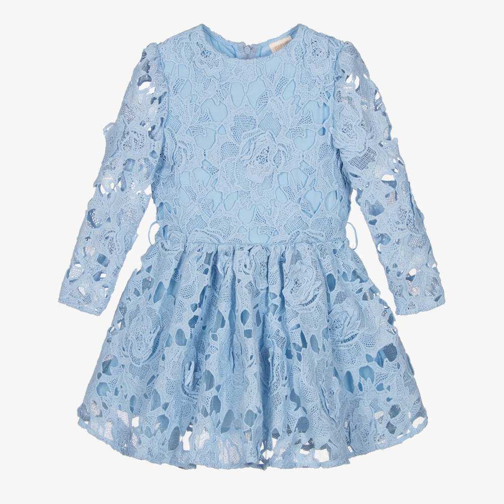 Marlo Kids-Girls Pale Blue Guipure Lace Dress with Crystal Belt | Childrensalon Outlet