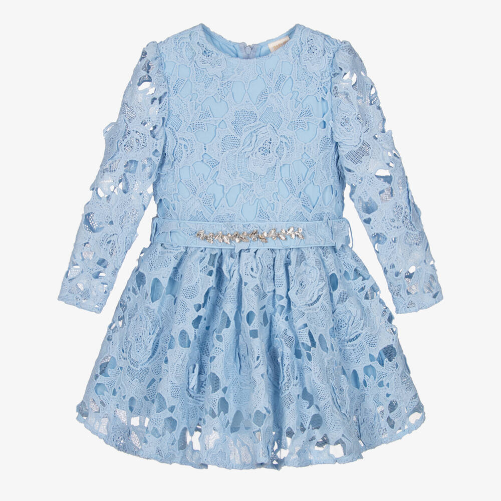 Marlo Kids-Girls Pale Blue Guipure Lace Dress with Crystal Belt | Childrensalon Outlet