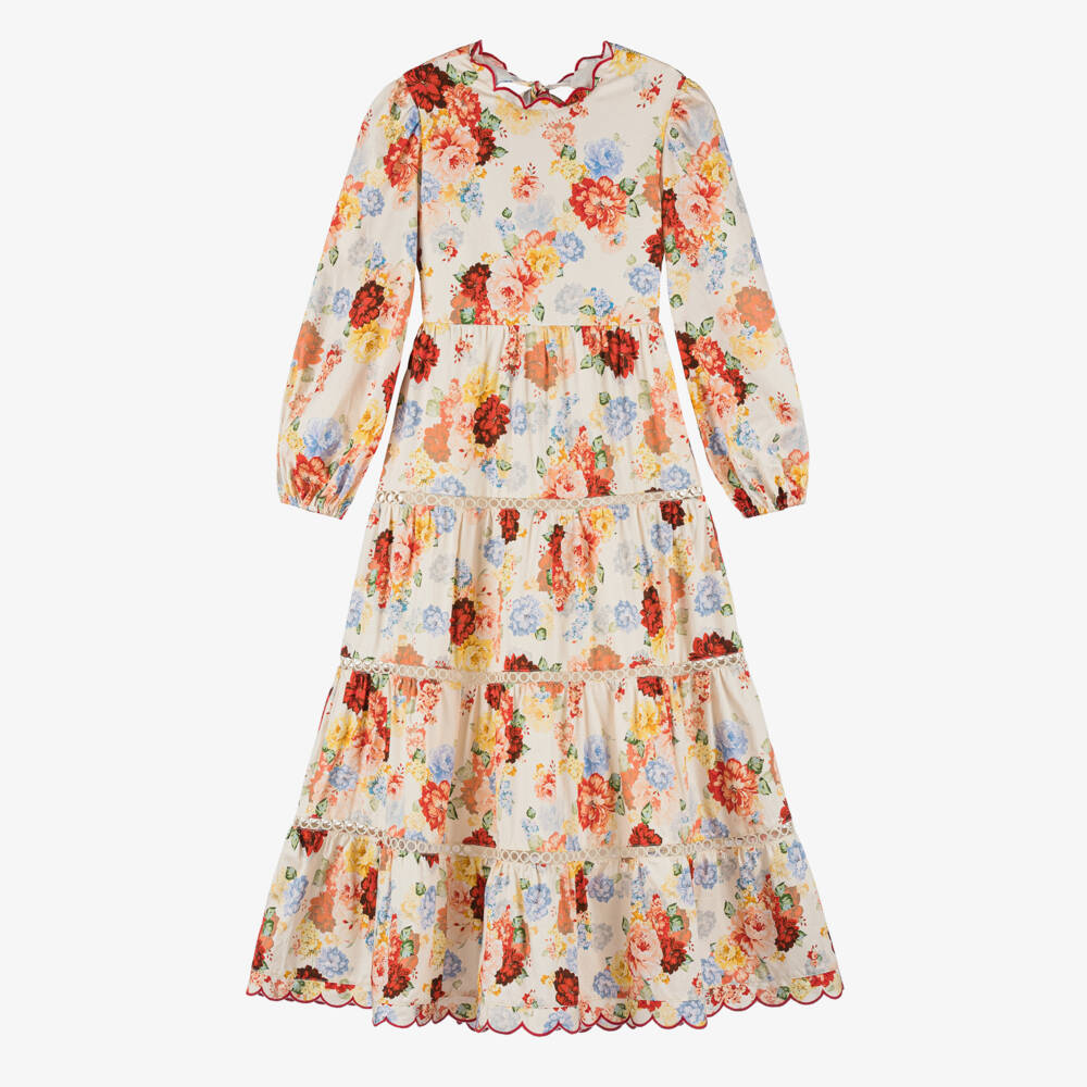 Marlo Kids-Girls Pink & Beige Floral Sateen Dress | Childrensalon Outlet
