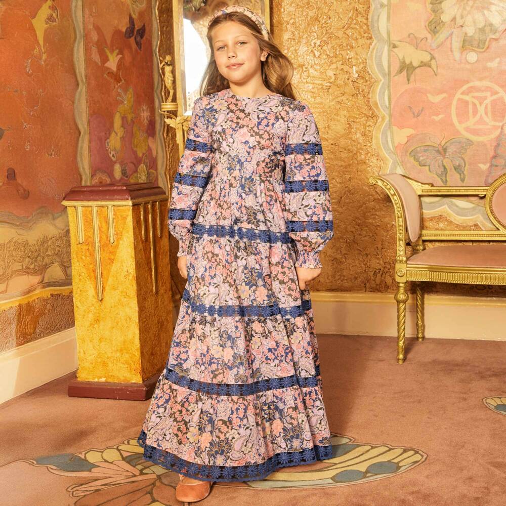 Marlo Kids-Girls Pink & Blue Floral Organza Dress | Childrensalon Outlet