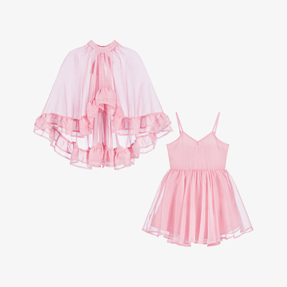 Marlo Kids-Girls Pink Crêpe Chiffon Cape Dress Set | Childrensalon Outlet