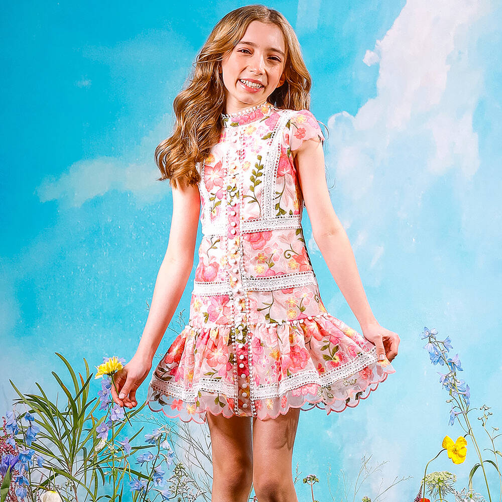 Marlo Kids Girls Pink Embroidered Floral Dress