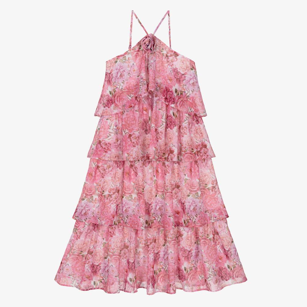 Marlo Kids-Girls Pink Floral Chiffon Maxi Dress | Childrensalon Outlet